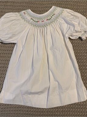 Castles and Crowns Smocked White Puff-Sleeve shirt with Pastel Floral Detail